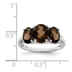 Sterling Silver Rhodium 3 Stone Smoky Quartz & Diamond Ring - 4