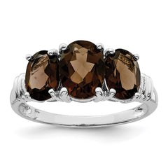 Sterling Silver Rhodium 3 Stone Smoky Quartz & Diamond Ring - 4