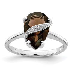 Sterling Silver Rhodium Pear Smoky Quartz & Diamond Ring - 3