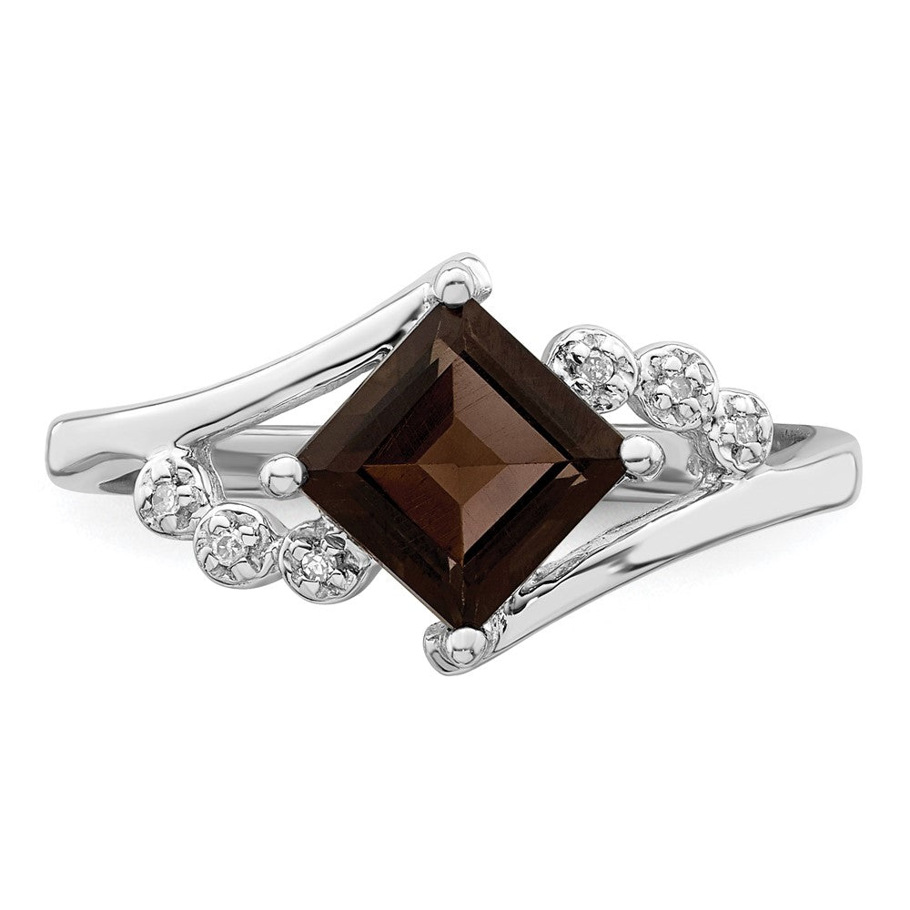 Sterling Silver Rhodium Princess-cut Smoky Quartz & Diamond Ring - 3