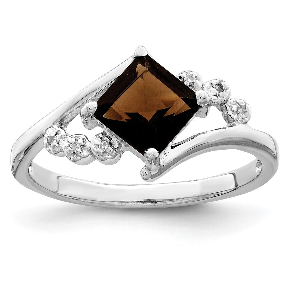 Sterling Silver Rhodium Princess-cut Smoky Quartz & Diamond Ring - 3