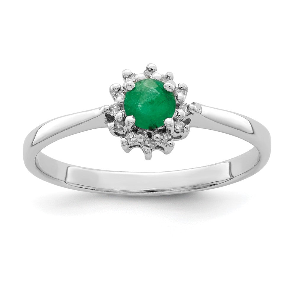 Sterling Silver Rhodium-plated Round Emerald & Diamond Ring - 2