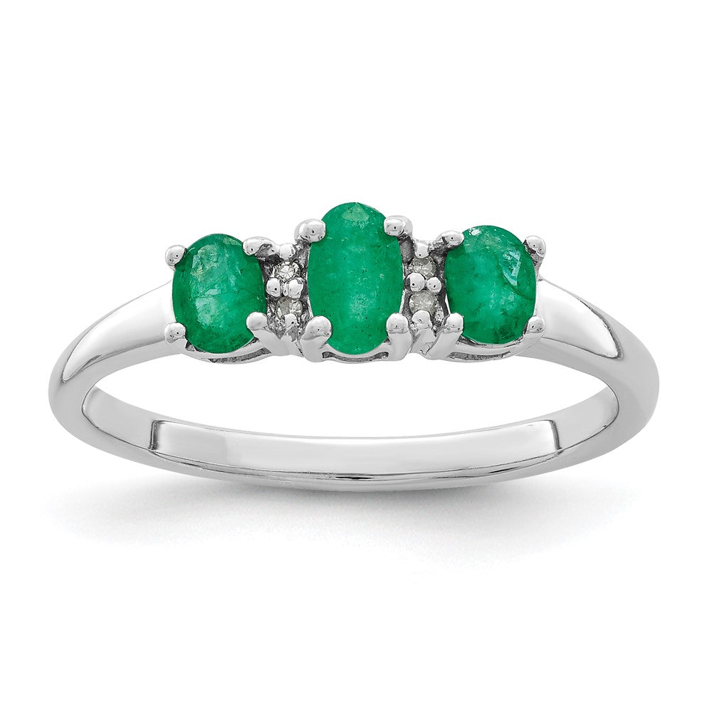 Sterling Silver Rhodium-plated Emerald 3 Stone and Diamond Ring - 2