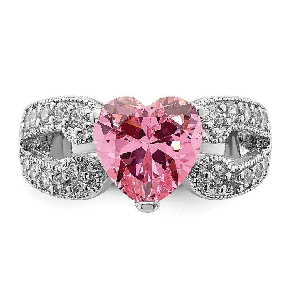 Sterling Silver Rhodium-plated Round Pink and White CZ Ring - 2
