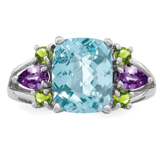 Sterling Silver Rhodium Light Swiss Blue Topaz, Amethyst & Peridot Ring - 4