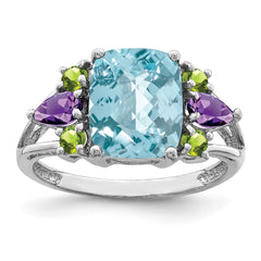 Sterling Silver Rhodium Light Swiss Blue Topaz, Amethyst & Peridot Ring - 5
