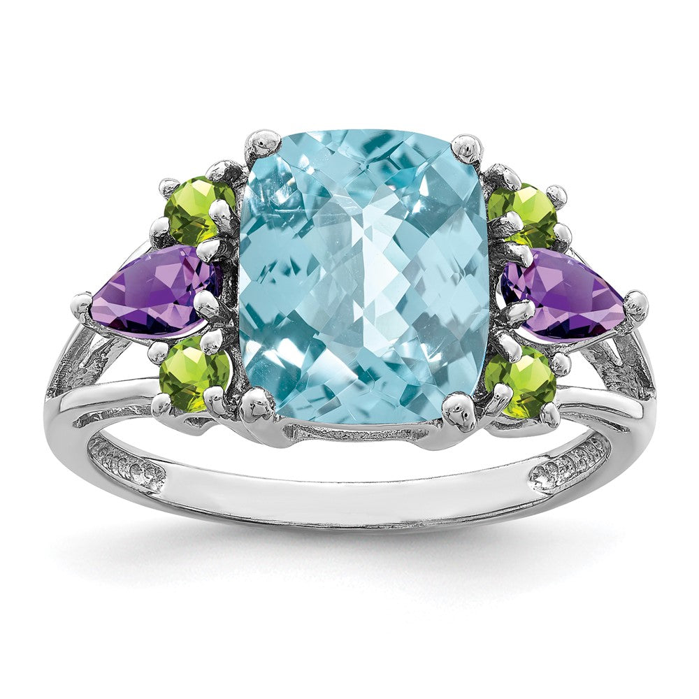 Sterling Silver Rhodium Light Swiss Blue Topaz, Amethyst & Peridot Ring - 2