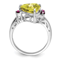 Sterling Silver Rhodium Lemon Quartz & Rhodolite Garnet Ring - 6