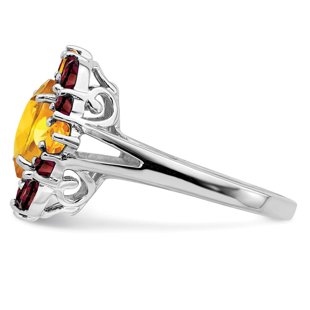 Sterling Silver Rhodium Citrine & Garnet Ring - 5