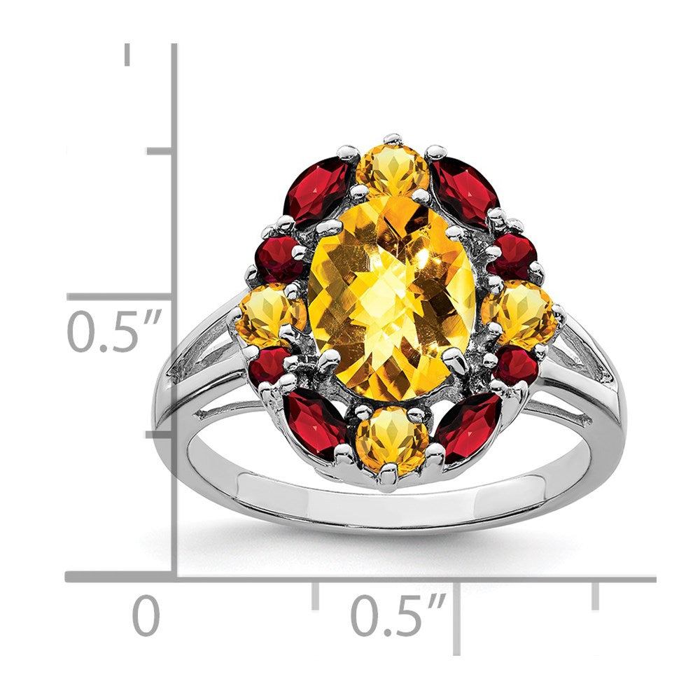Sterling Silver Rhodium Citrine & Garnet Ring - 5