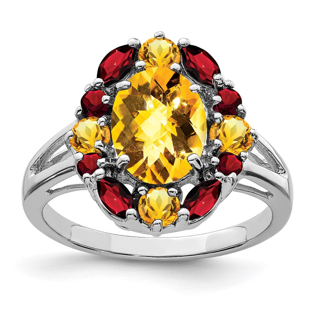 Sterling Silver Rhodium Citrine & Garnet Ring - 5