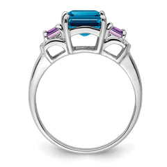 Sterling Silver Rhodium London Blue Topaz, Amethyst & Diam. Ring - 6