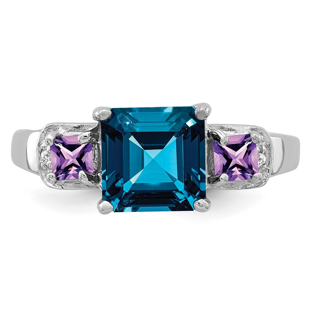 Sterling Silver Rhodium London Blue Topaz, Amethyst & Diam. Ring - 5