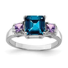 Sterling Silver Rhodium London Blue Topaz, Amethyst & Diam. Ring - 4