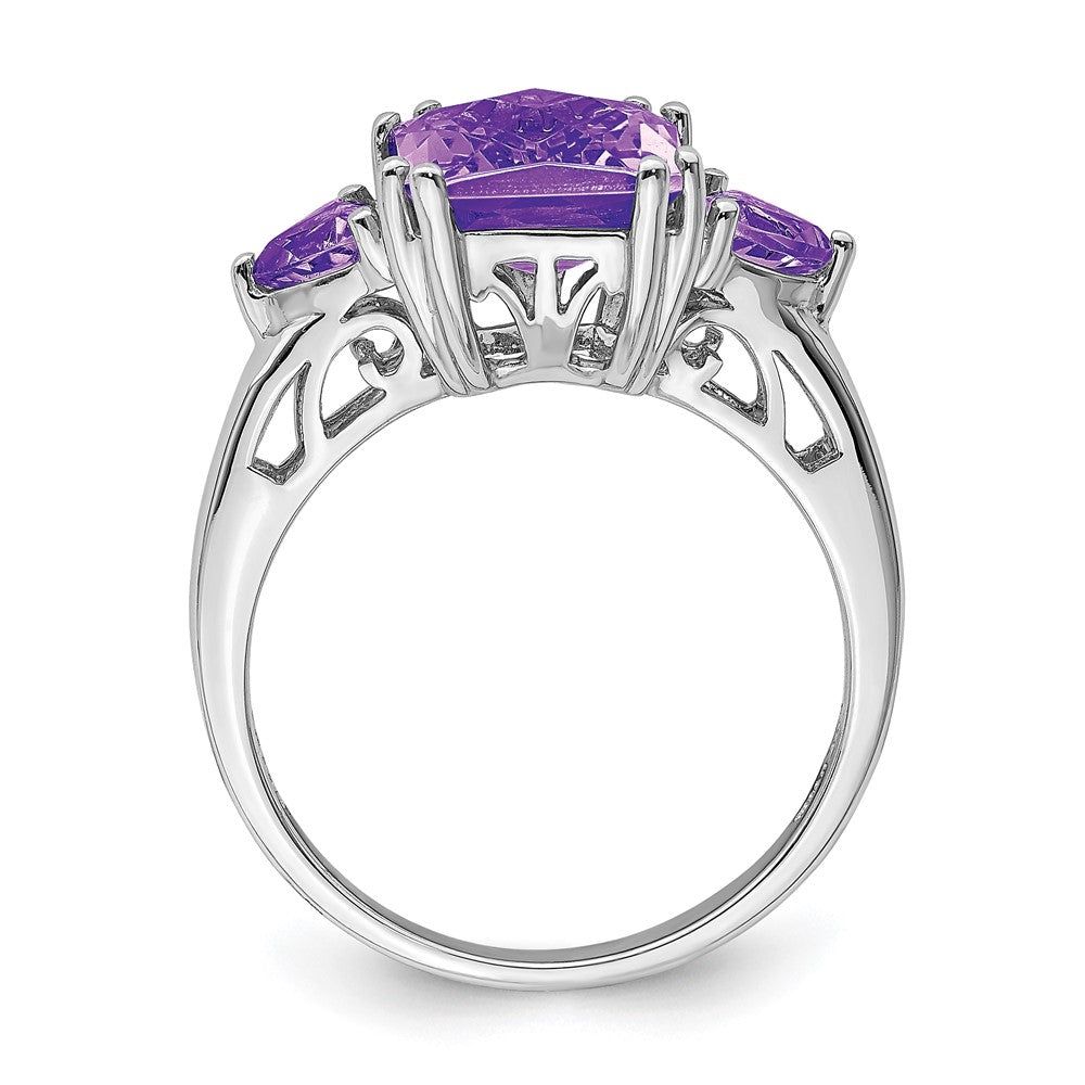Sterling Silver Rhodium-plated Checker-Cut Amethyst Ring - 6