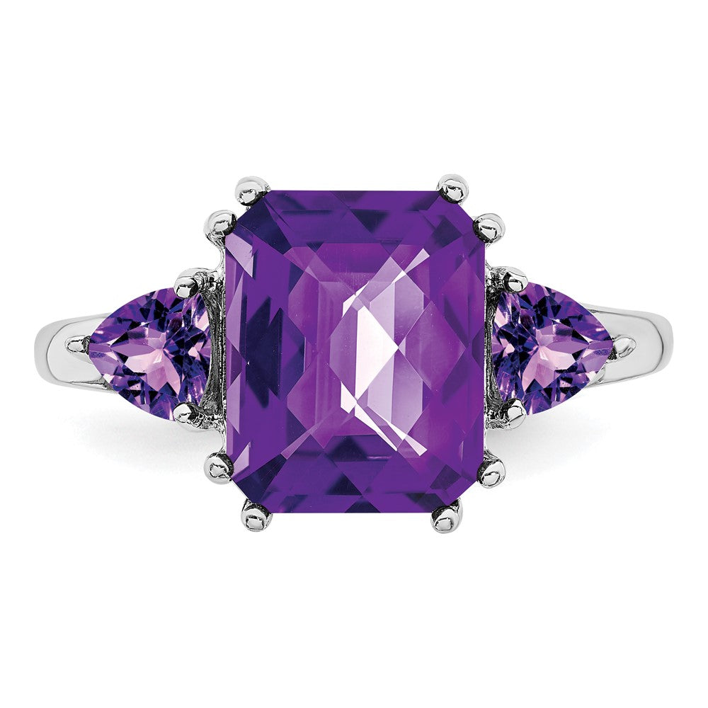 Sterling Silver Rhodium-plated Checker-Cut Amethyst Ring - 6