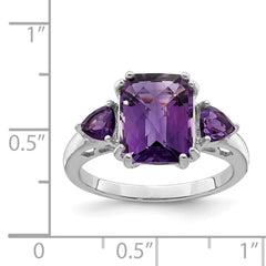 Sterling Silver Rhodium-plated Checker-Cut Amethyst Ring - 4