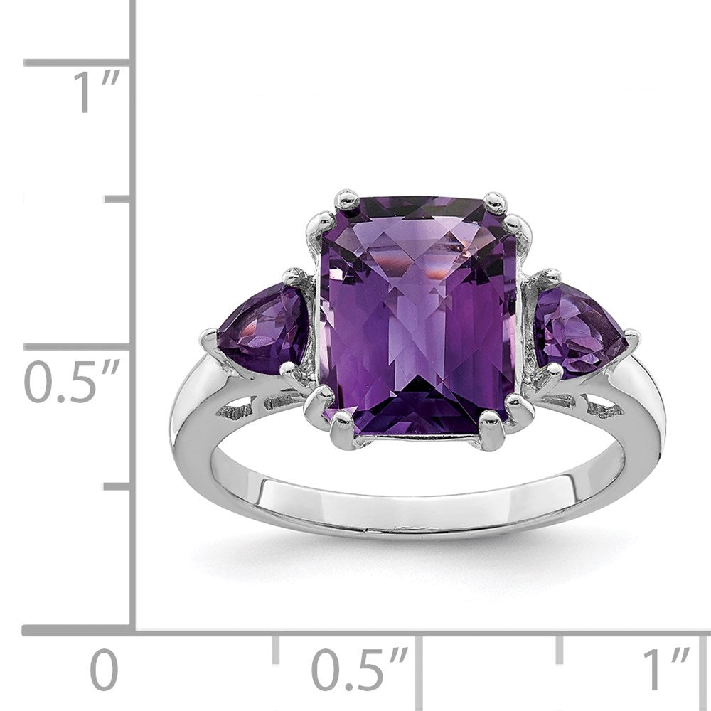 Sterling Silver Rhodium-plated Checker-Cut Amethyst Ring - 6