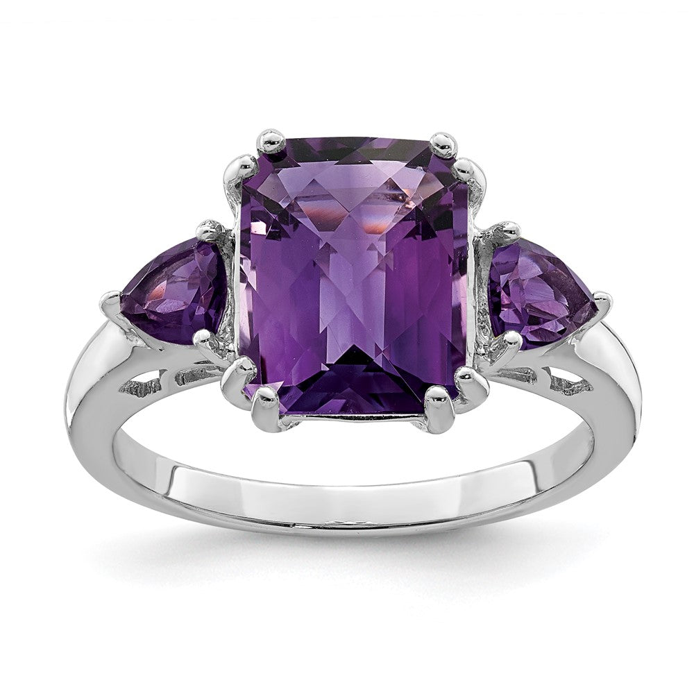 Sterling Silver Rhodium-plated Checker-Cut Amethyst Ring - 2