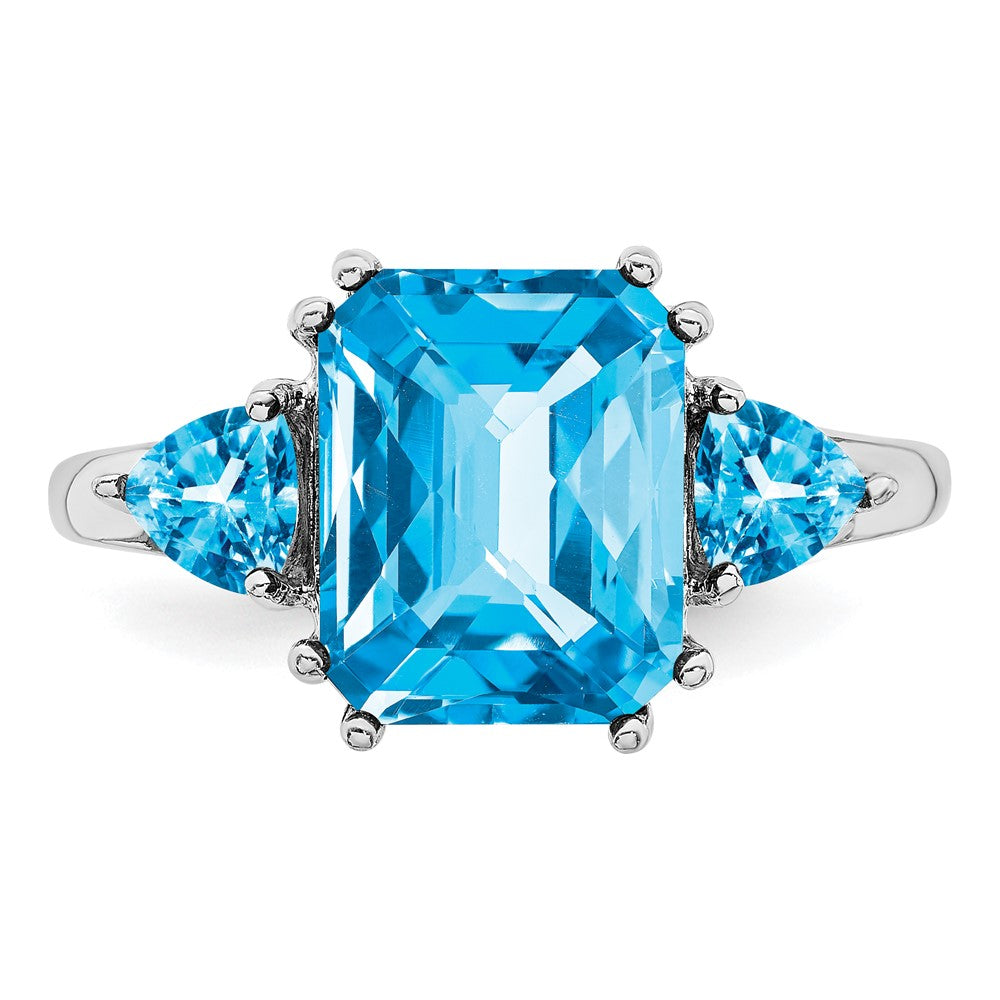 Sterling Silver Rhodium Checker-Cut Blue Topaz Ring - 11