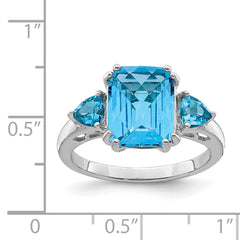 Sterling Silver Rhodium Checker-Cut Blue Topaz Ring - 10