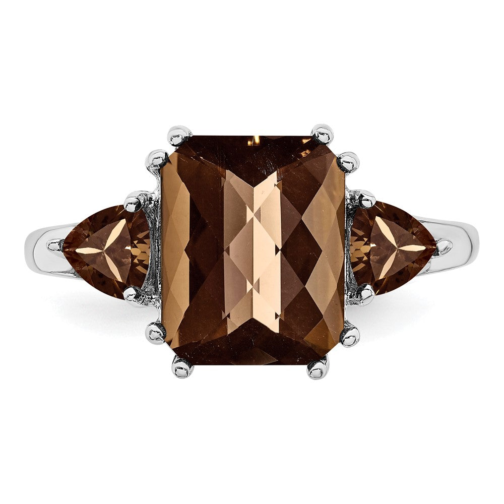 Sterling Silver Rhodium Octagonal Checker-Cut Smoky Quartz Ring