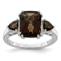 Sterling Silver Rhodium Checker-Cut Smoky Quartz Ring - 5