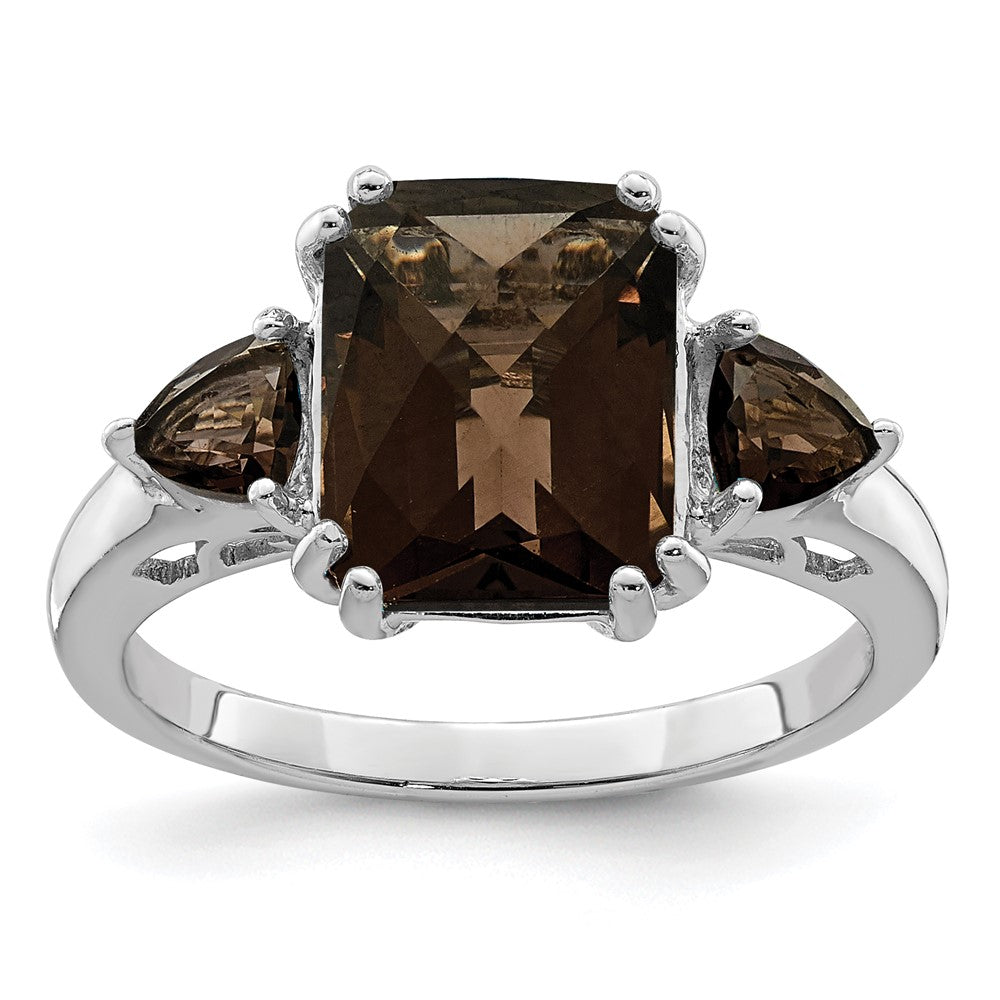 Sterling Silver Rhodium Checker-Cut Smoky Quartz Ring - 4