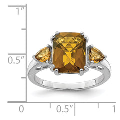 Sterling Silver Rhodium Octagonal Checker-Cut Whiskey Quartz Ring
