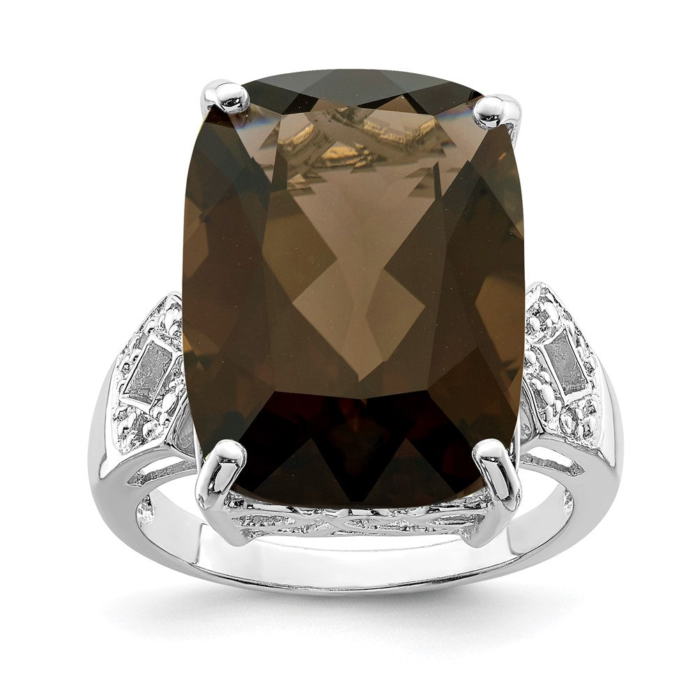 Sterling Silver Rhodium Smoky Quartz & Diam. Ring - 6