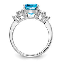 Sterling Silver Rhodium Diam. & Oval Blue Topaz Ring
