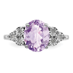 Sterling Silver Rhodium Diam. & Pink Quartz Ring