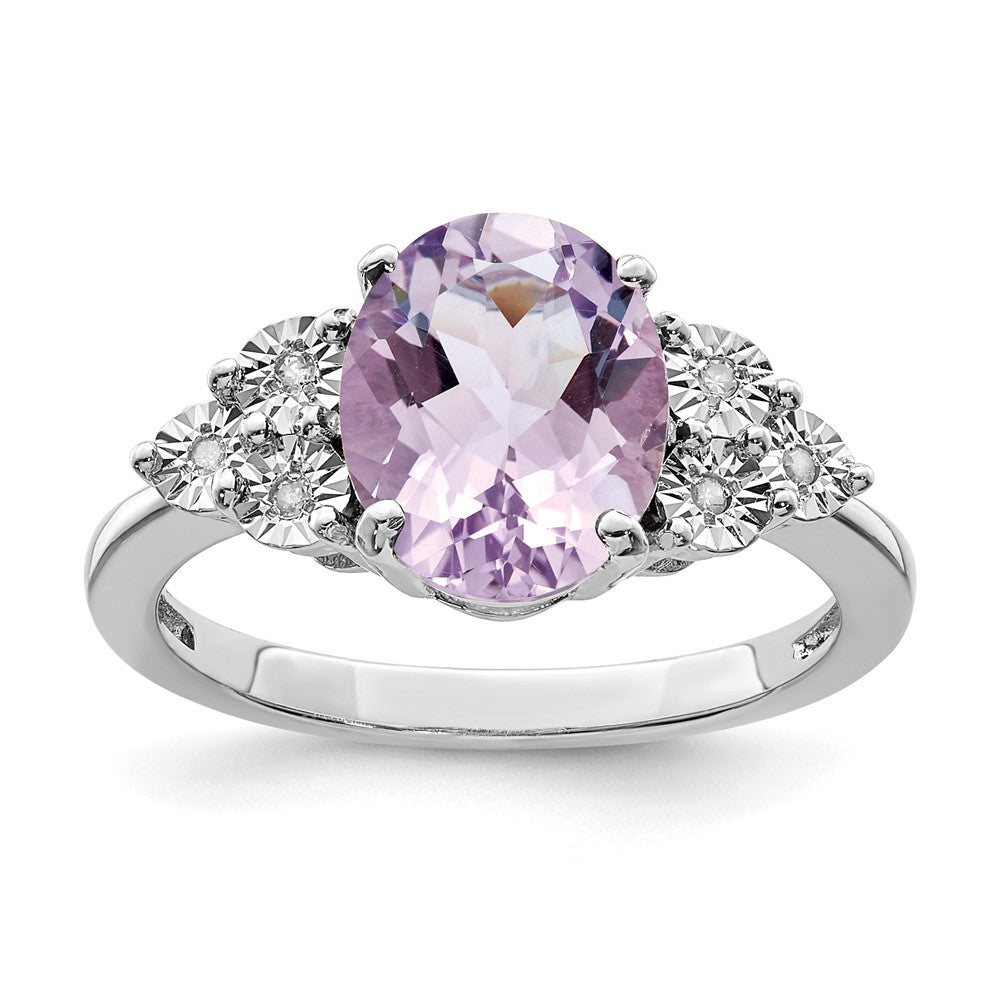 Sterling Silver Rhodium Diam. & Pink Quartz Ring - 3