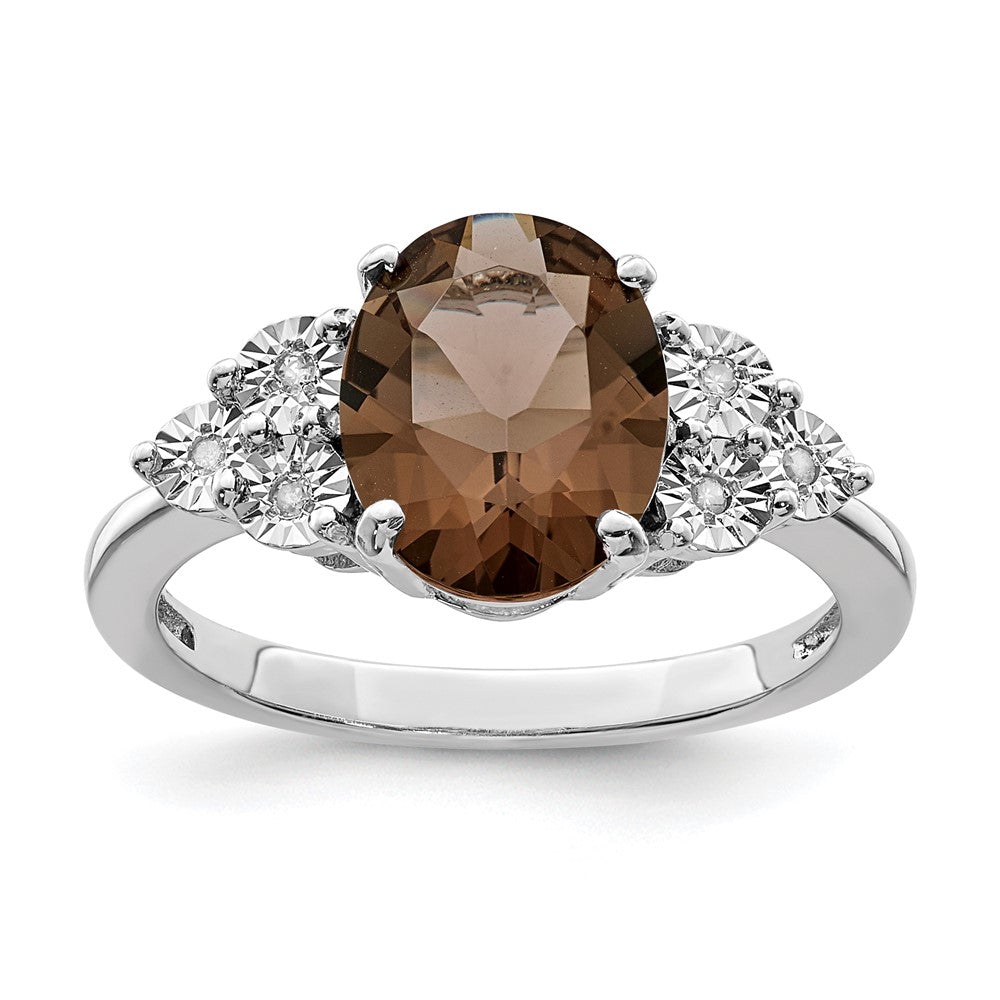 Sterling Silver Rhodium Diam. & Oval Smoky Quartz Ring - 2