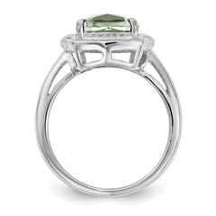 Sterling Silver Rhodium Diam. & Checker-Cut Green Quartz Ring - 5