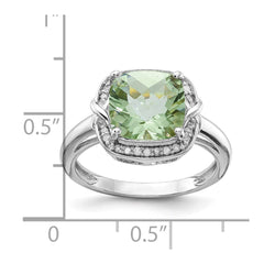 Sterling Silver Rhodium Diam. & Checker-Cut Green Quartz Ring - 4