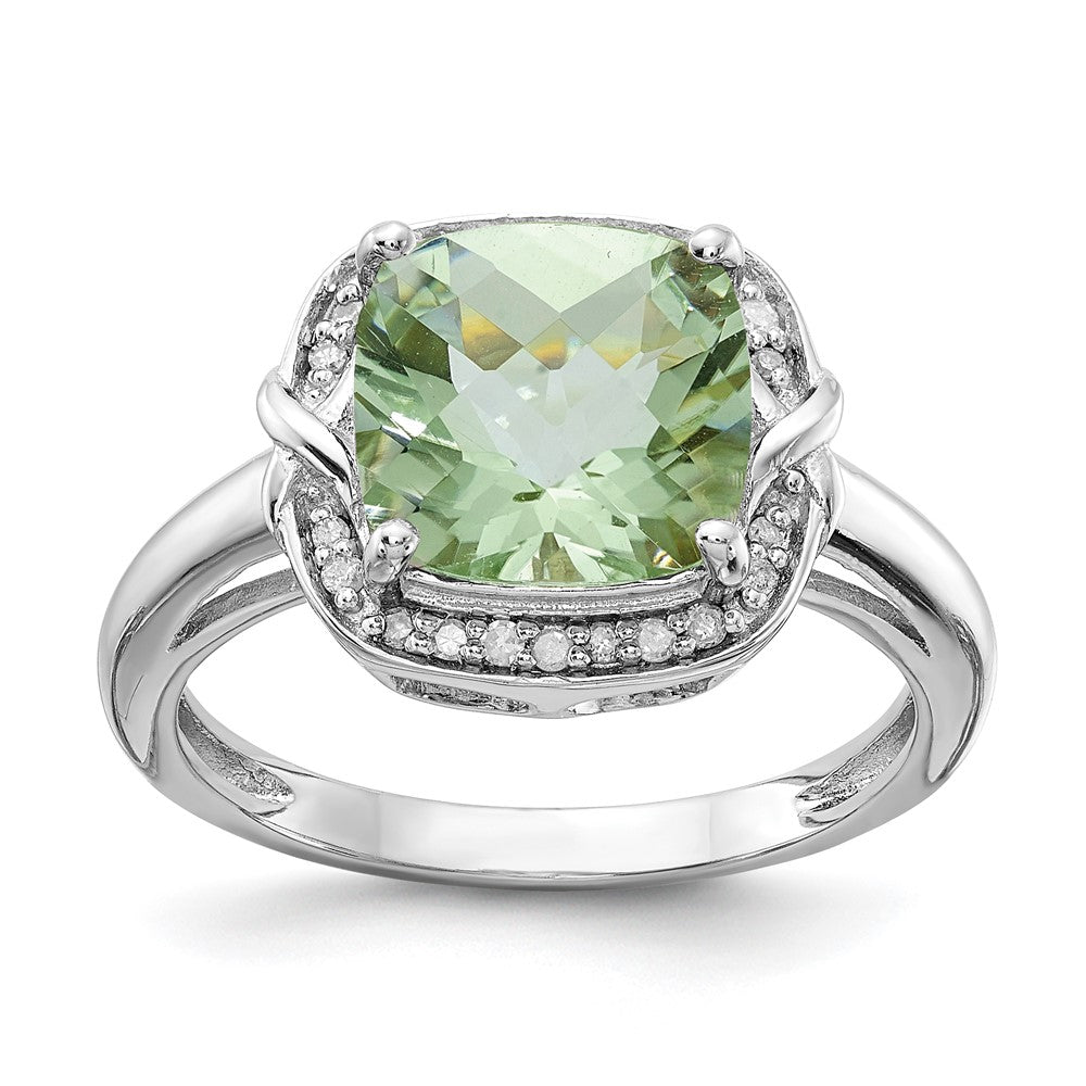 Sterling Silver Rhodium Diam. & Checker-Cut Green Quartz Ring - 4
