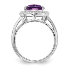 Sterling Silver Rhodium-plated Diamond & Checker-Cut Amethyst Ring - 6