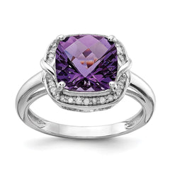Sterling Silver Rhodium-plated Diamond & Checker-Cut Amethyst Ring - 6