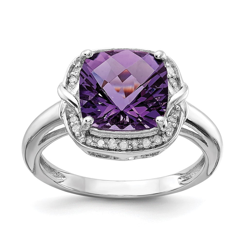 Sterling Silver Rhodium-plated Diamond & Checker-Cut Amethyst Ring - 5