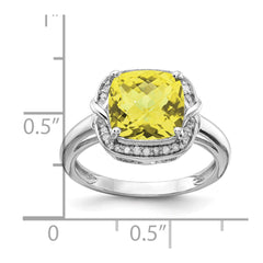 Sterling Silver Rhodium Diam. & Checker-Cut Lemon Quartz Ring - 5