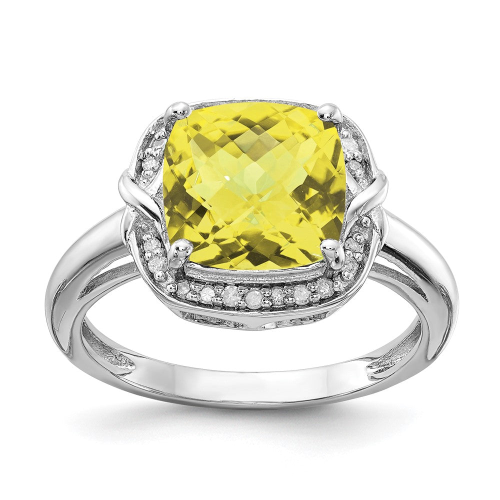 Sterling Silver Rhodium Diam. & Checker-Cut Lemon Quartz Ring - 2