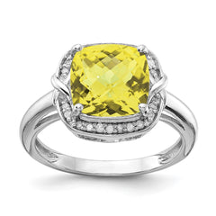 Sterling Silver Rhodium Diam. & Checker-Cut Lemon Quartz Ring - 2