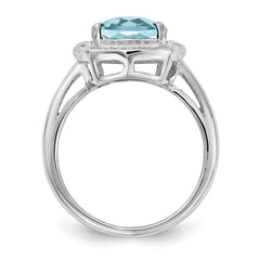 Sterling Silver Rhodium Diam. & Checker-Cut Sky Blue Topaz Ring - 8