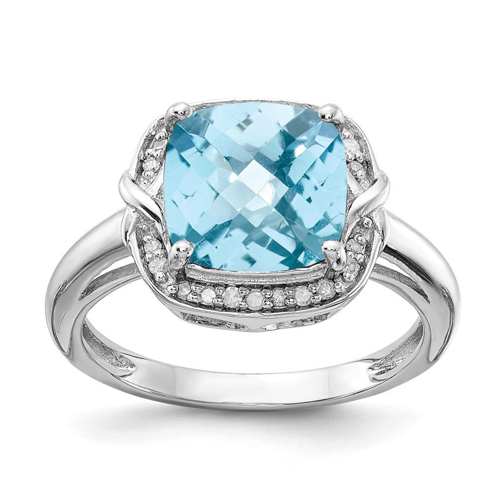 Sterling Silver Rhodium Diam. & Checker-Cut Sky Blue Topaz Ring - 6