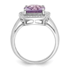 Sterling Silver Rhodium Diam. & Checker-Cut Pink Quartz Ring - 5