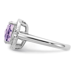 Sterling Silver Rhodium Diam. & Checker-Cut Pink Quartz Ring - 6