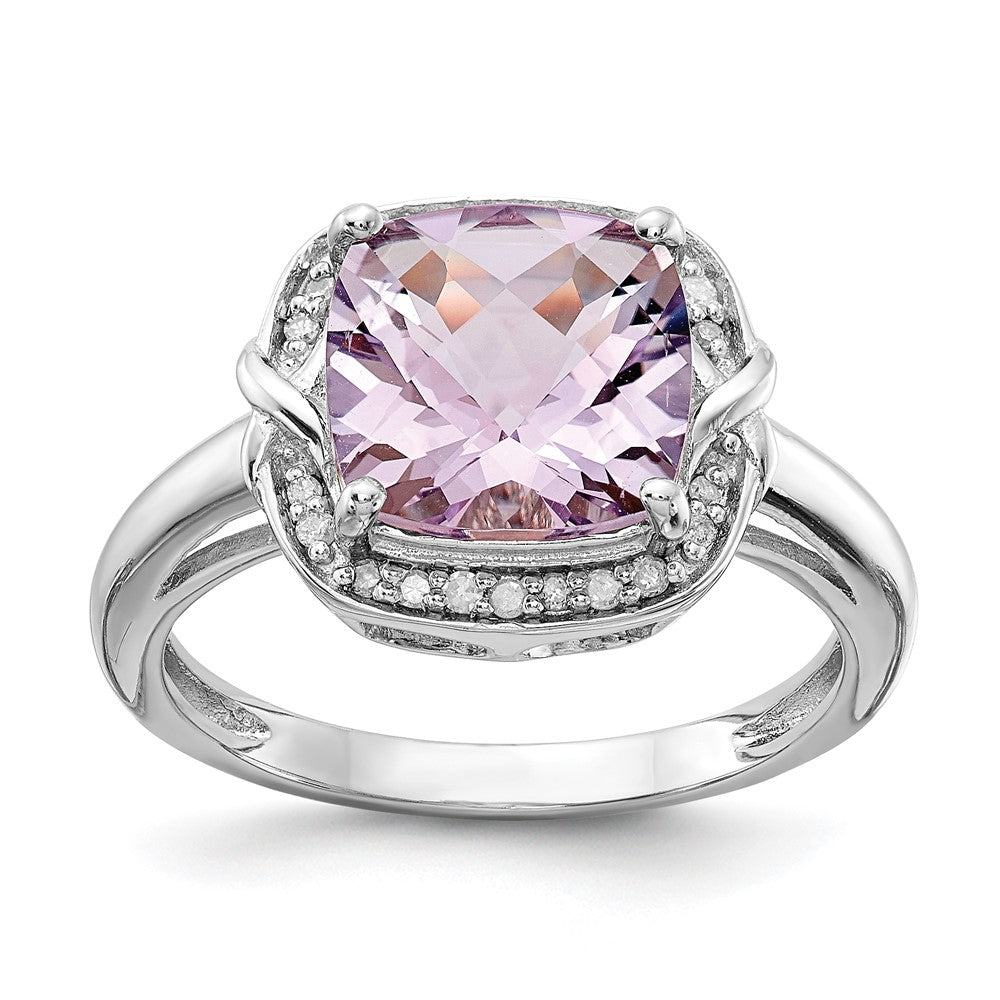 Sterling Silver Rhodium Diam. & Checker-Cut Pink Quartz Ring - 8