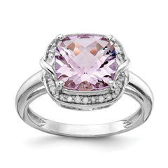 Sterling Silver Rhodium Diam. & Checker-Cut Pink Quartz Ring - 8