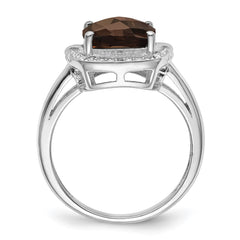 Sterling Silver Rhodium Diam. & Checker-Cut Smoky Quartz Ring - 4